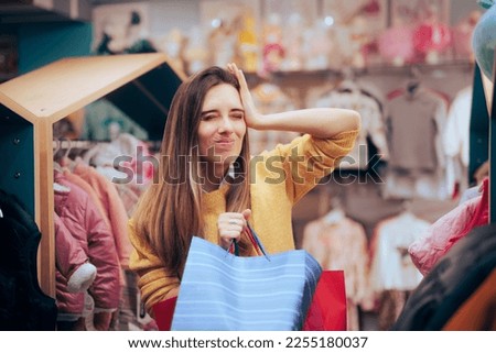 
Customer Suffering from Buyer Remorse after Shopping Spree. Shopper girl overspending and getting in debt over compulsive buying problem
