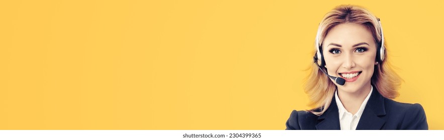 Customer support, advisor phone operator in headset, isolated orange yellow background. Consulting and assistance service call center. Answering, help, advertising. Wide banner image. representative