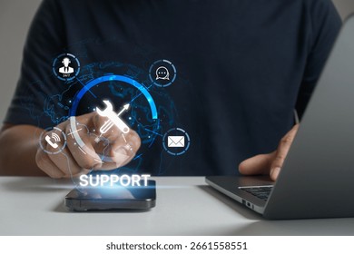 Customer support concept. Man using smartphone and laptop with virtual help desk icons. 24-7 online customer service, technical support, technology solutions, business communication, and IT assistance