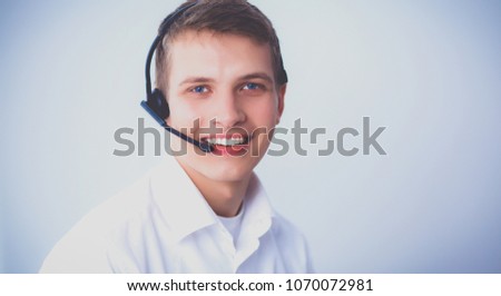 Customer support operator with a headset on white background