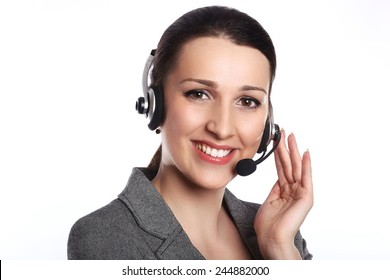 Customer Support Operator. Woman Face.Call Center Smiling Operator With Phone Headset On White Background.Attractive Young People Working In A Call Center