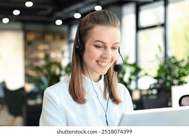 Customer support operator working in a call center office