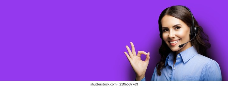 Customer support phone operator in headset showing ok okay or zero hand sign gesture, over violet purple background. Consulting and assistance service call center. Callcenter caller adviser worker.