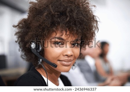 Customer support, smile and portrait of woman in office with headset working on online telemarketing consultation. Happy, call center and female consultant with crm service communication in workplace