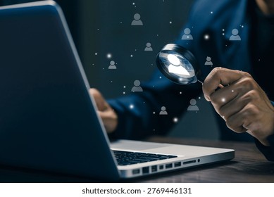 Customer targeting analytics concept with magnifying glass, audience segmentation, marketing data analysis and business customer insight strategy.