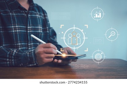 Customer targeting and audience analytics concept on mobile device, showing user segmentation, data insights, and performance metrics for marketing strategy and business growth optimization.