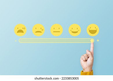 Customer touching loading bar for rating feedback scale. Loading giving smile emoticon. Service rating, feedback, satisfaction concept