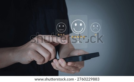 Customer use smartphone to Submit Customer Feedback with Digital Satisfaction Ratings. Customer Service, and Online Consumer Interaction in Business Platform, Featuring Virtual Icons for Positive Review.