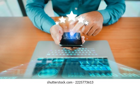 Customer use smartphones to shop online, and feedback on shopping satisfaction social media marketing promotions and customer service satisfaction survey applications choose the most rating 5 stars.