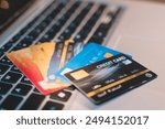 Customer using credit card for payment to owner business. cashless technology and credit card payment concept. through the internet for convenience.