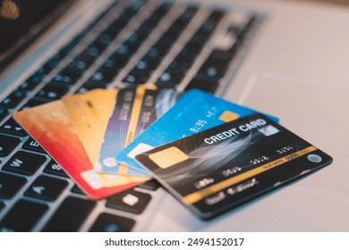 Customer using credit card for payment to owner business. cashless technology and credit card payment concept. through the internet for convenience. - Powered by Shutterstock