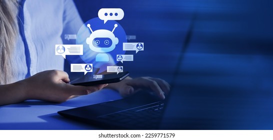 Customer using online service with chat bot to get support. Virtual assistant and CRM software automation technology. Chabot, chat gpt concept. 