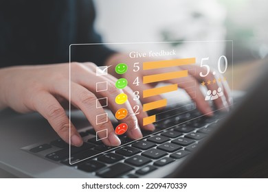 Customer Using Smart Phone And Laptop To Rate Their Satisfaction Ranking For Experience Review Survey And Comment