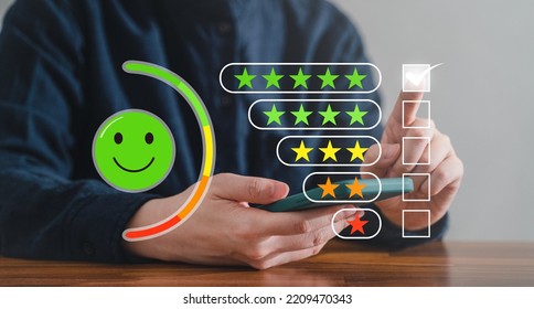 Customer Using Smart Phone And Laptop To Rate Their Satisfaction Ranking For Experience Review Survey And Comment