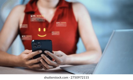 Customer using smartphone with digital rating interface and positive review icons, representing customer satisfaction, user feedback, online reviews, reputation management and service quality.