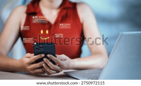 Customer using smartphone with digital rating interface and positive review icons, representing customer satisfaction, user feedback, online reviews, reputation management and service quality.