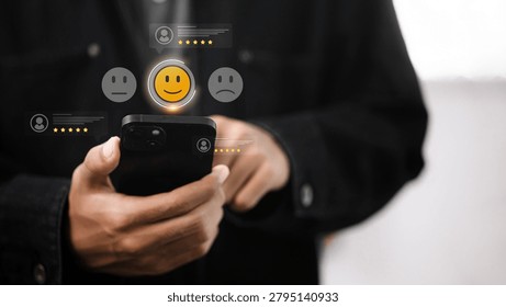 Customer using a smartphone to submit a satisfaction survey and online review rating. Concept of customer experience, user feedback, service quality, consumer satisfaction, reputation management, and digital engagement.