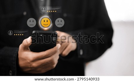 Customer using a smartphone to submit a satisfaction survey and online review rating. Concept of customer experience, user feedback, service quality, consumer satisfaction, reputation management, and digital engagement.