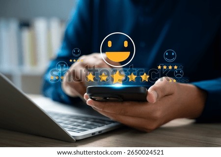 Customer using tablet give five star rating, Submit satisfaction survey through online application. Positive feedback highlight excellent service and product quality, improving brand reputation.