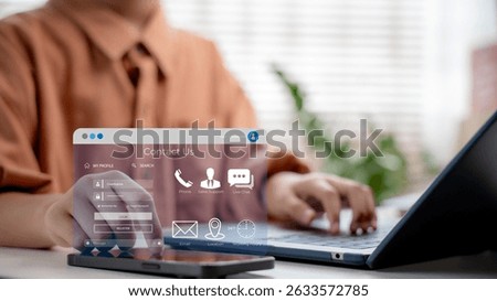 Customer with virtual contact us interface on tablet screen, login form and customer service icons such as email, phone, live chat, sales support, and 24 - 7 assistance.