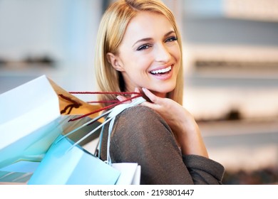 Customer Walking In Mall With Shopping Bag, In Designer Fashion Boutique With Smile And Happy With Sale In Retail Shop. Portrait Of Face Of Rich Woman In Clothing Store And Happiness With Discount