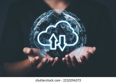 Customers protect business performance and metaverse world map with a cloud icon and digitally online. global internet network technology, social media marketing, and big data concepts. - Shutterstock ID 2210296373