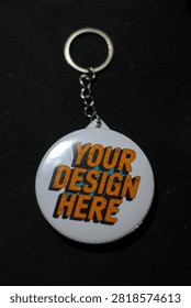 Customizable Keychain Button Mockup on Dark Background
