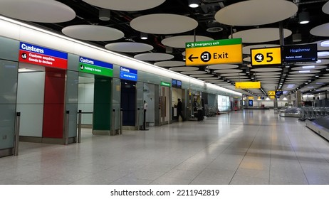 Customs Channels Are Seen At The Arrival Hall Of Heathrow Airport On May 9, 2019 In London, UK. The British Main Aviation Hub Is The Busiest Airport In Europe By Passenger Traffic. 