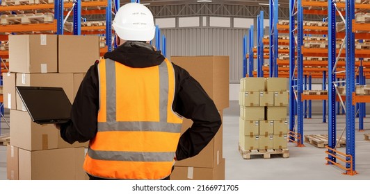 Customs control. Customs officer with laptop. Laptop computer in hands of customs officer. Man in orange vest with his back to camera. Checking parcels at state border. Concept warehouse software