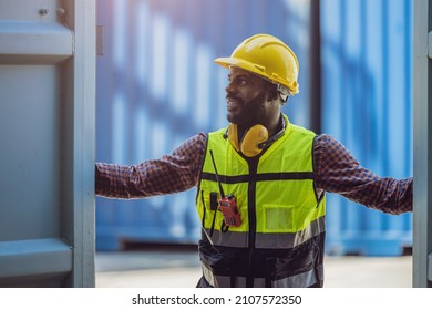 Customs Staff Worker In Port Shipping Opening Checking Goods In Container Box