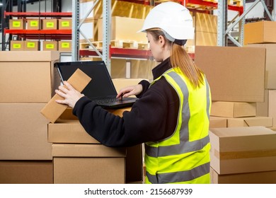 Customs warehouse. Customs check at state border. Girl in yellow vest works with laptop. Woman customs officer back to camera. Waiter at state border checks parcels. Warehouse racks in background