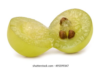 A cut berry of green grapes. Macro shot of juicy grape isolated on white background.