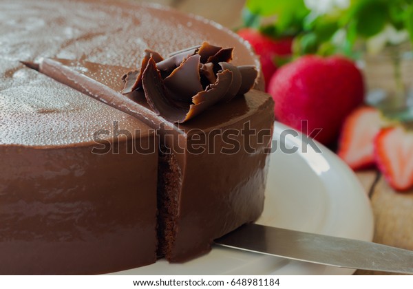 Cut Chocolate Fudge Cake Decorated Chocolate Royalty Free Stock