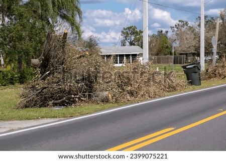 Cut down and fallen trees branches disposed in heaps on street side after hurricane severely damaged houses in Florida mobile home residential area. Consequences of natural disaster