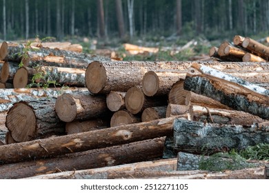 Cut down pine and birch trees. Landscape of cut down trees in the forest.