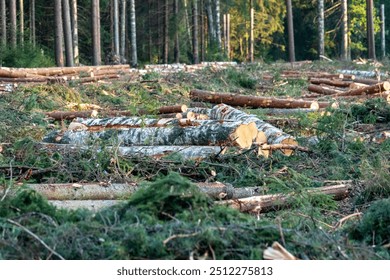Cut down pine and birch trees. Landscape of cut down trees in the forest.