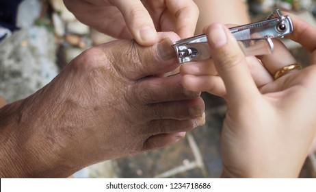 Cut fingernails.Helping elderly people with grooming and hygiene assistance.