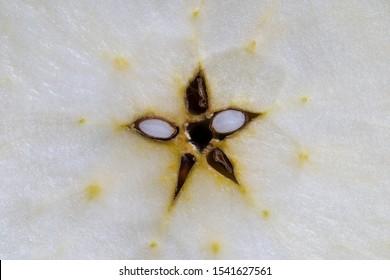 Cut Fresh Apple In Half, Slice. Apple Center Core And Seed On Background, Close Up, Top View. Concept Of Healthy Eating