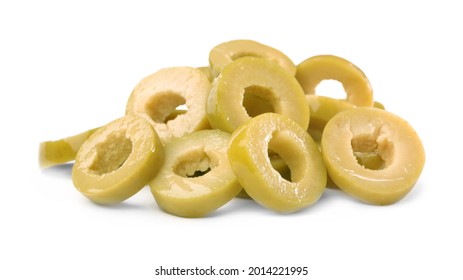 Cut Fresh Green Olives On White Background