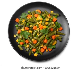 Cut Green Beans, Green Peas And Corn At Black Plate Isolated On White Background. Top View. Healthy Food