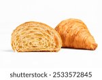 Cut in Half Croissant with Inside Texture and Thin Crisp Layers. Delicious French Pastry. Light background.