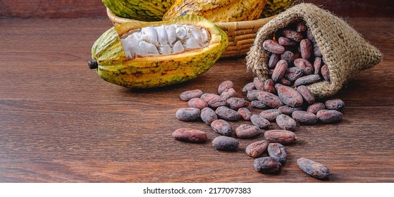 Cut In Half Fresh Cacao Fruit Or Cocoa Pods And Dry Cocoa Beans In A Brown Sack On Wooden Background.