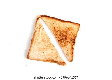 Cut In Half Toasted Bread Slice Isolated On White Background, Top View.