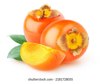 Cut kaki (persimmon) fruits isolated on white background - Shutterstock ID 2181728035
