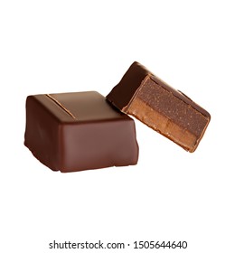 Cut luxury handmade chocolate candy with ganache and salt caramel filling isolated on white background. Exclusive handcrafted bonbons. Product concept for chocolatier 