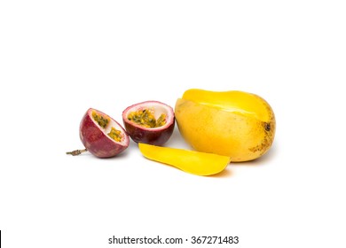 Cut Mango And Passionfruit On White Background