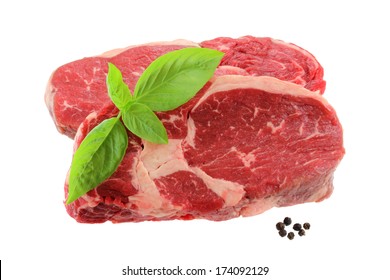 A Cut Of Meat From The Back : Fresh Raw Sirloin Steak, Isolated On A White Background 