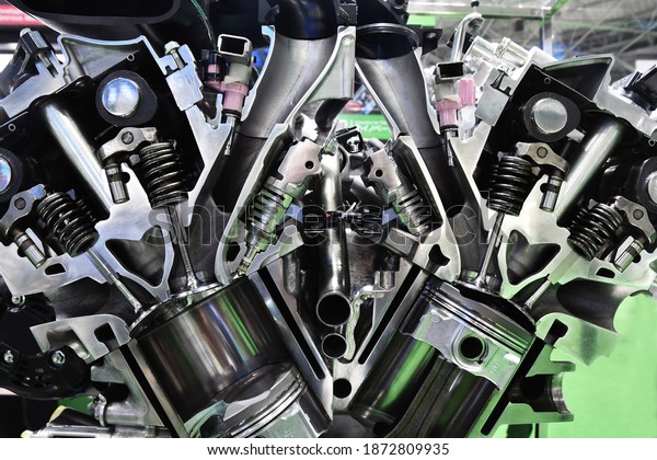 Cut model of automobile\
engine