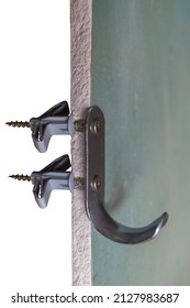 Cut of moisture-resistant plasterboard, demonstrating  installation of metal hook on wall partition with two plastic butterfly dowels with screws screwed into anchors in state of fixation, isolated. - Shutterstock ID 2127983687
