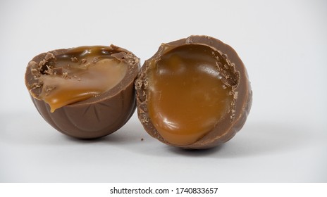 Cut Open Chocolate Egg With A Caramel Centre
